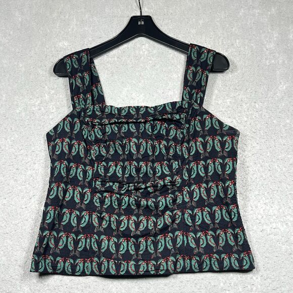 Maeve Anthropologie Tank Top 16 Green Parrot Bird Twee Square Neck Sleeveless - Picture 1 of 12